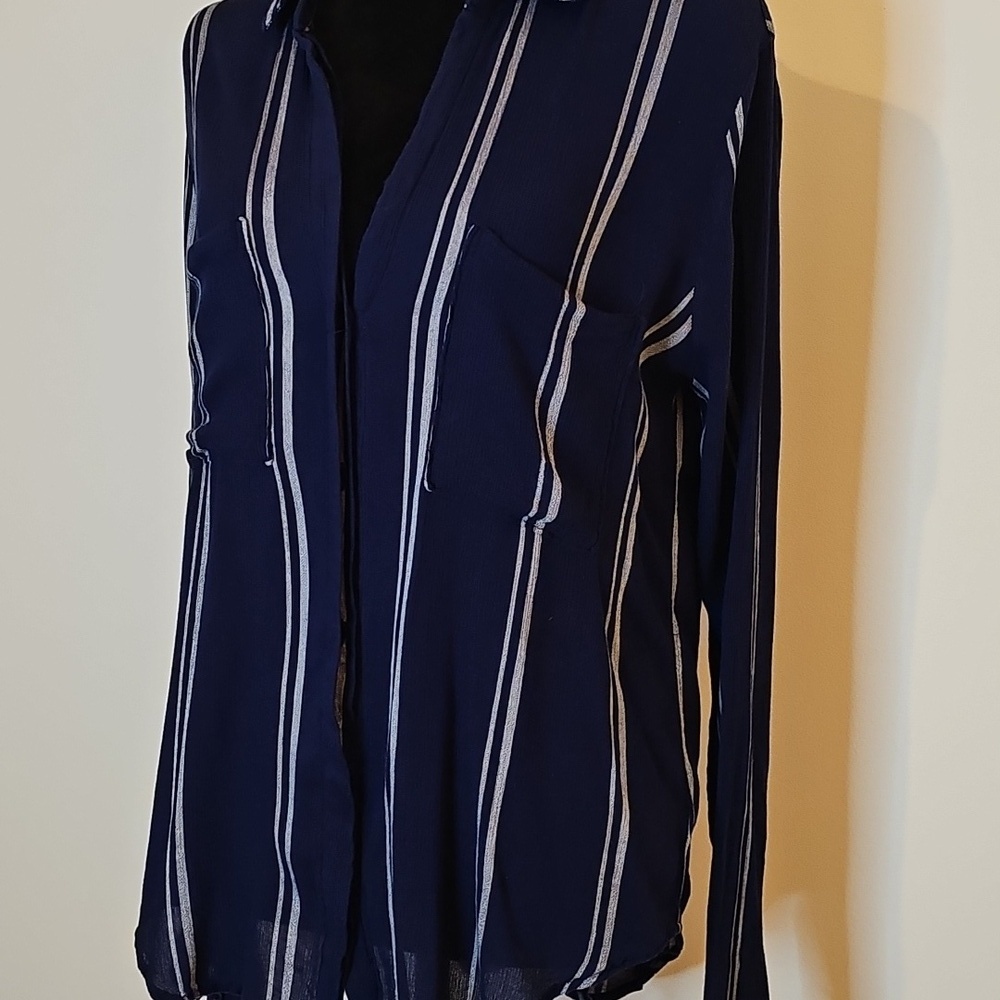 cloth & stone Navy and White Vertical Stripe Button-Down Flowy Tunic Shirt Top - Picture 4 of 9